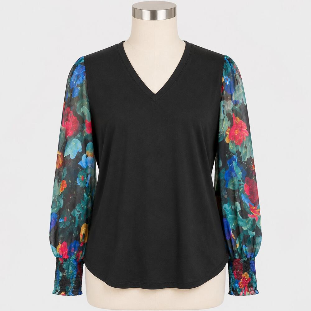 Chico's Black Floral Sheer Sleeve V-Neck Top Women's XXL Smocked Cuffs